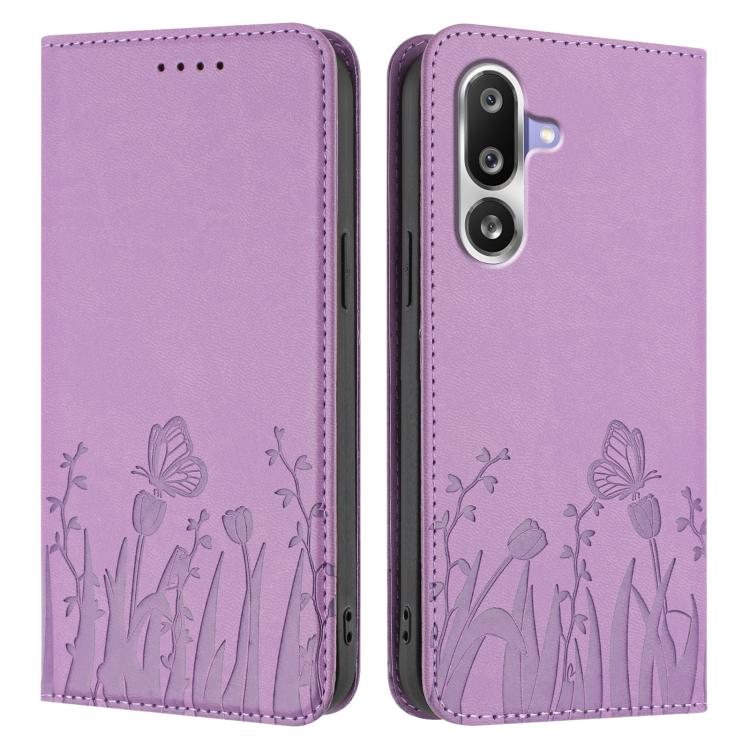 For Samsung Galaxy M36 5G Tulips Butterfly Pattern Magnetic Vegan Leather Phone Case