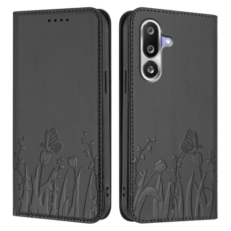 For Samsung Galaxy M36 5G Tulips Butterfly Pattern Magnetic Vegan Leather Phone Case