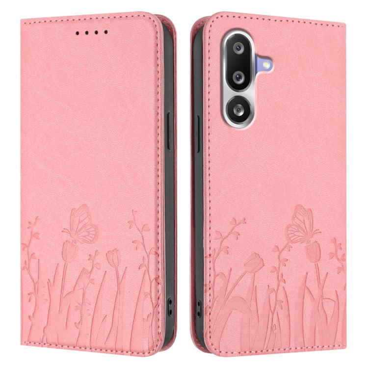 For Samsung Galaxy M36 5G Tulips Butterfly Pattern Magnetic Vegan Leather Phone Case