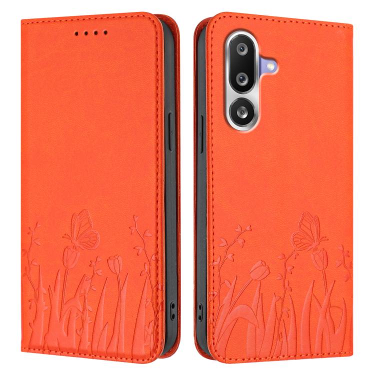 For Samsung Galaxy M36 5G Tulips Butterfly Pattern Magnetic Vegan Leather Phone Case