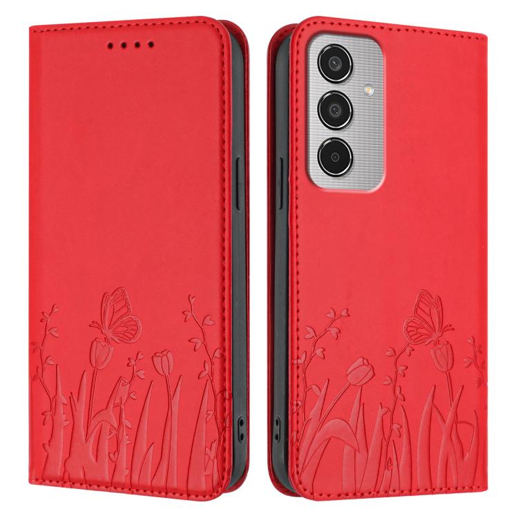 For Samsung Galaxy M35 Tulips Butterfly Pattern Magnetic Vegan Leather Phone Case
