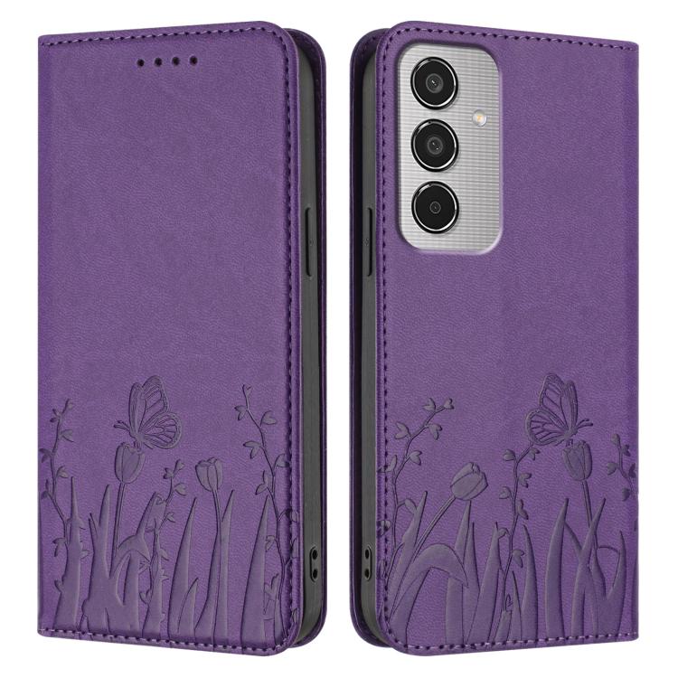 For Samsung Galaxy M35 Tulips Butterfly Pattern Magnetic Vegan Leather Phone Case