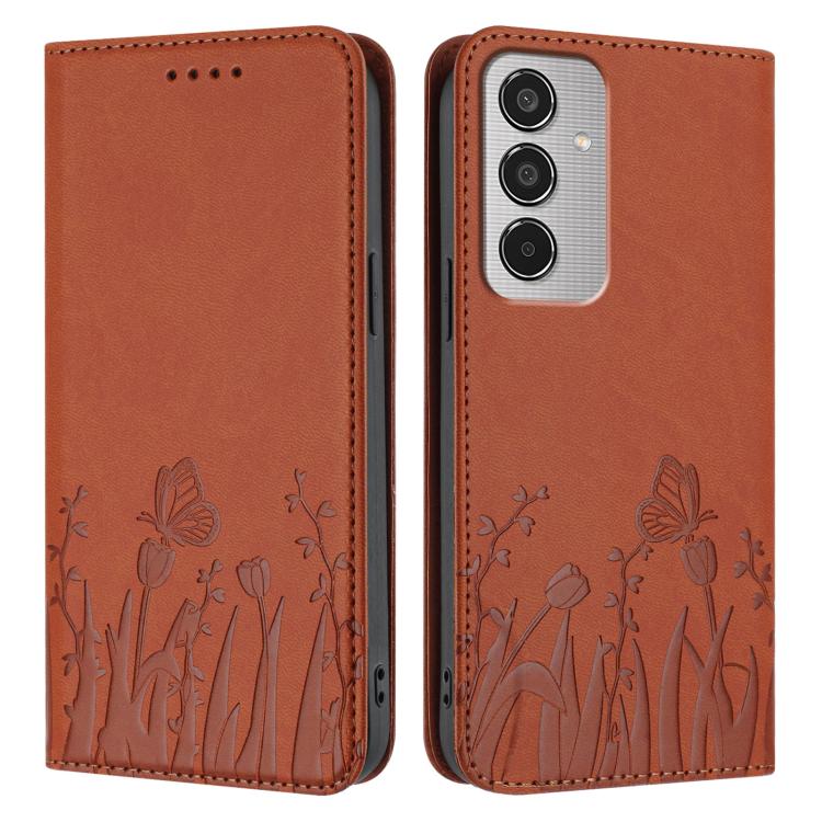 For Samsung Galaxy M35 Tulips Butterfly Pattern Magnetic Vegan Leather Phone Case