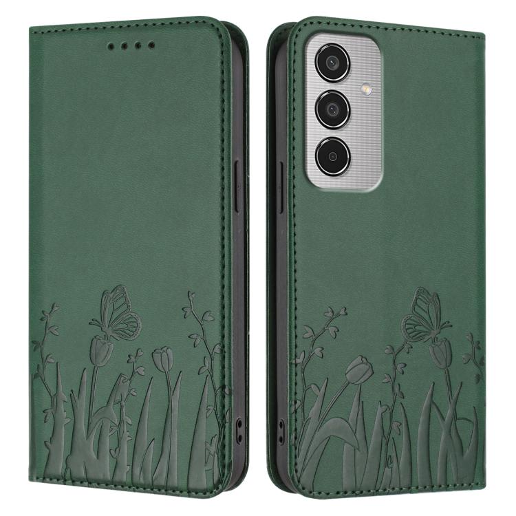 For Samsung Galaxy M35 Tulips Butterfly Pattern Magnetic Vegan Leather Phone Case