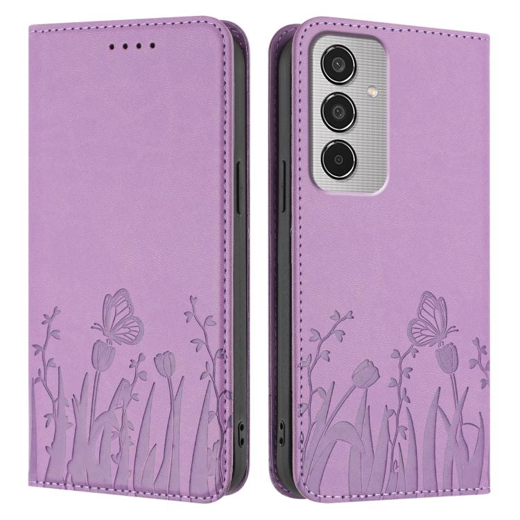 For Samsung Galaxy M35 Tulips Butterfly Pattern Magnetic Vegan Leather Phone Case