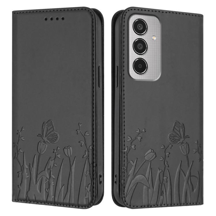 For Samsung Galaxy M35 Tulips Butterfly Pattern Magnetic Vegan Leather Phone Case