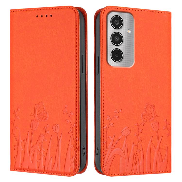 For Samsung Galaxy M35 Tulips Butterfly Pattern Magnetic Vegan Leather Phone Case