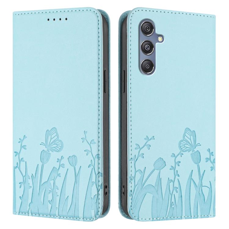 For Samsung Galaxy M34 5G / F34 5G Tulips Butterfly Pattern Magnetic Vegan Leather Phone Case