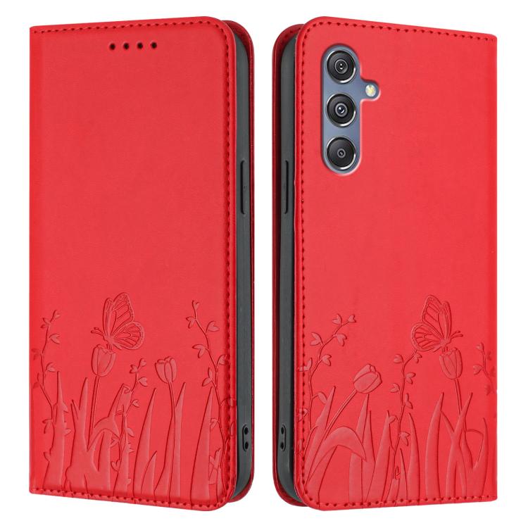 For Samsung Galaxy M34 5G / F34 5G Tulips Butterfly Pattern Magnetic Vegan Leather Phone Case