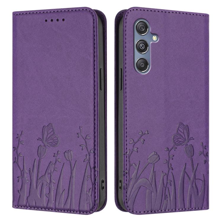 For Samsung Galaxy M34 5G / F34 5G Tulips Butterfly Pattern Magnetic Vegan Leather Phone Case