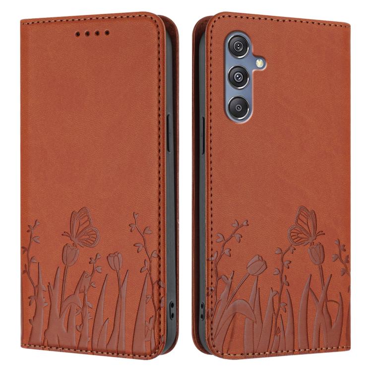For Samsung Galaxy M34 5G / F34 5G Tulips Butterfly Pattern Magnetic Vegan Leather Phone Case