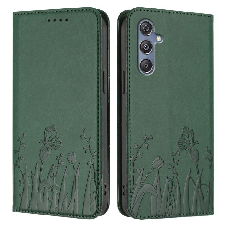 For Samsung Galaxy M34 5G / F34 5G Tulips Butterfly Pattern Magnetic Vegan Leather Phone Case