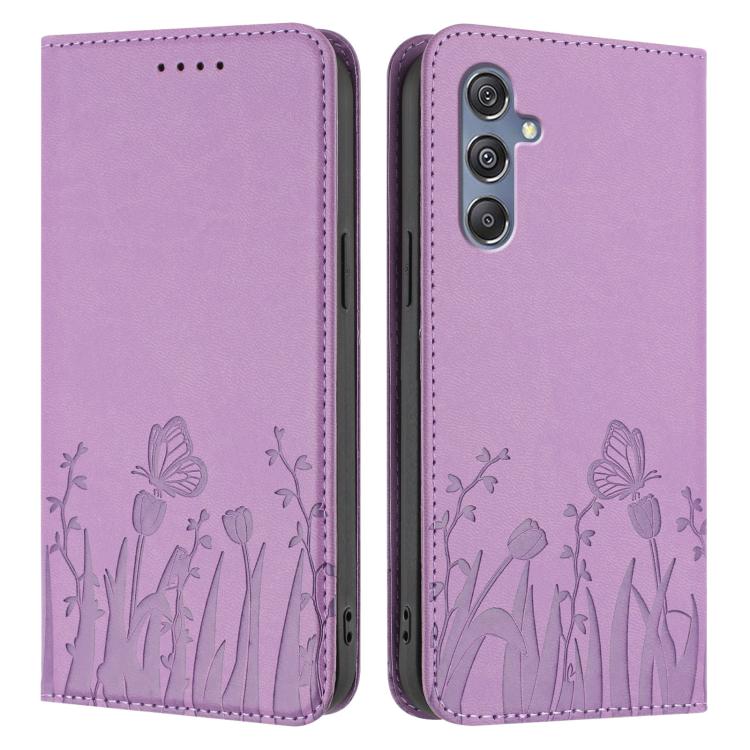 For Samsung Galaxy M34 5G / F34 5G Tulips Butterfly Pattern Magnetic Vegan Leather Phone Case