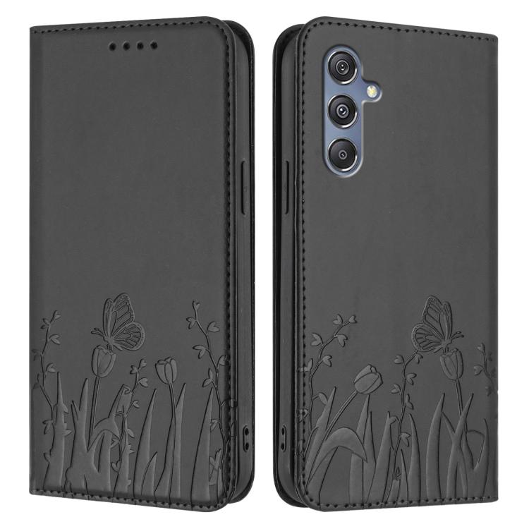 For Samsung Galaxy M34 5G / F34 5G Tulips Butterfly Pattern Magnetic Vegan Leather Phone Case