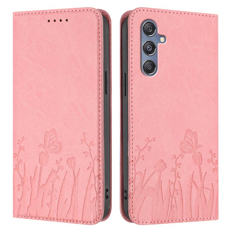 For Samsung Galaxy M34 5G / F34 5G Tulips Butterfly Pattern Magnetic Vegan Leather Phone Case