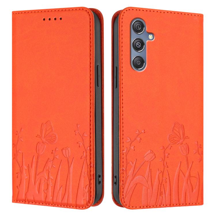 For Samsung Galaxy M34 5G / F34 5G Tulips Butterfly Pattern Magnetic Vegan Leather Phone Case