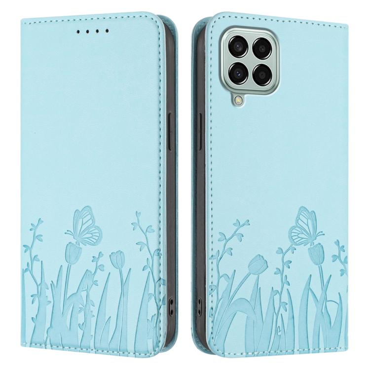 For Samsung Galaxy M33 5G Global Tulips Butterfly Pattern Magnetic Vegan Leather Phone Case