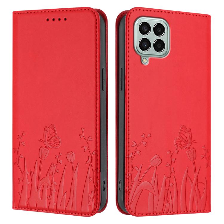 For Samsung Galaxy M33 5G Global Tulips Butterfly Pattern Magnetic Vegan Leather Phone Case