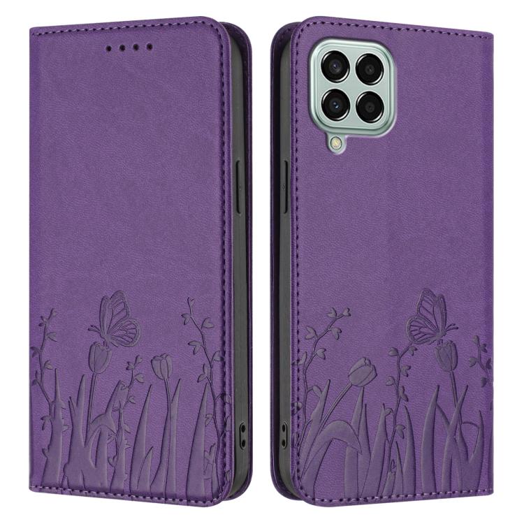 For Samsung Galaxy M33 5G Global Tulips Butterfly Pattern Magnetic Vegan Leather Phone Case
