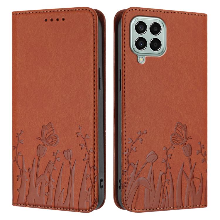 For Samsung Galaxy M33 5G Global Tulips Butterfly Pattern Magnetic Vegan Leather Phone Case