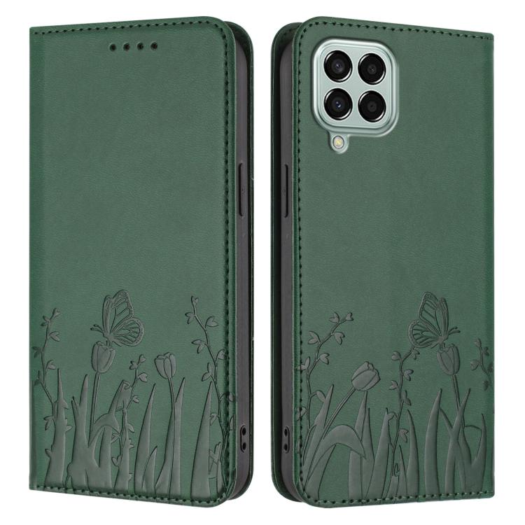 For Samsung Galaxy M33 5G Global Tulips Butterfly Pattern Magnetic Vegan Leather Phone Case