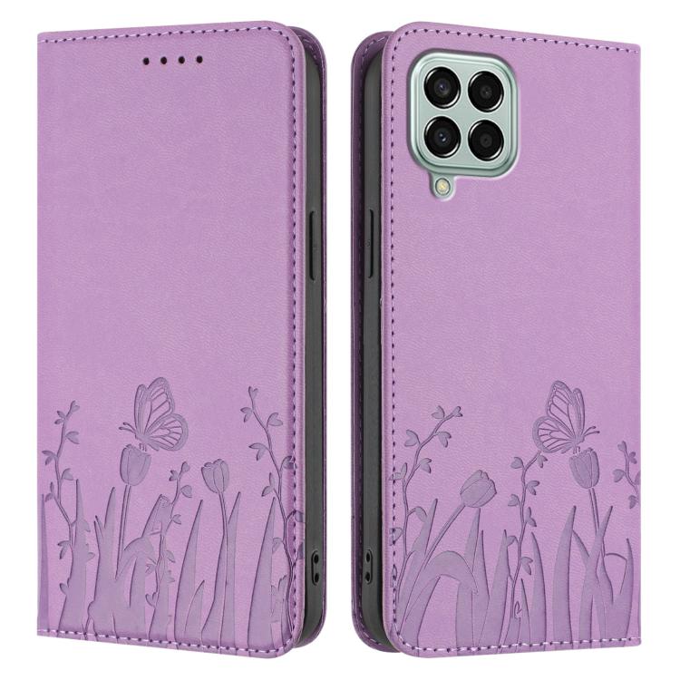 For Samsung Galaxy M33 5G Global Tulips Butterfly Pattern Magnetic Vegan Leather Phone Case