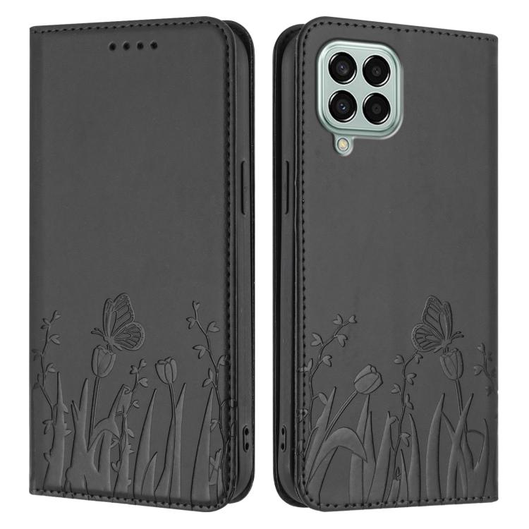 For Samsung Galaxy M33 5G Global Tulips Butterfly Pattern Magnetic Vegan Leather Phone Case