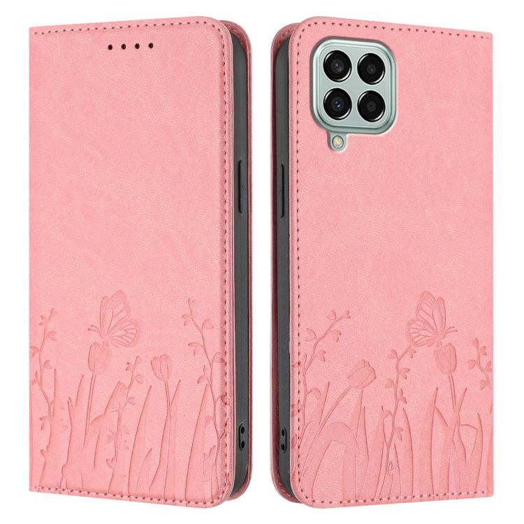 For Samsung Galaxy M33 5G Global Tulips Butterfly Pattern Magnetic Vegan Leather Phone Case