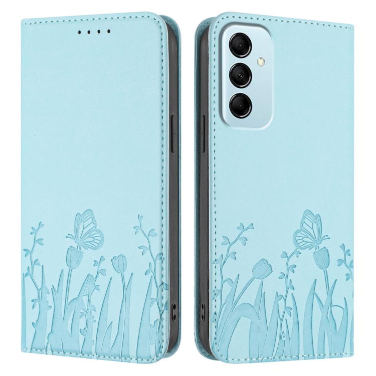 For Samsung Galaxy M14 5G Tulips Butterfly Pattern Magnetic Vegan Leather Phone Case