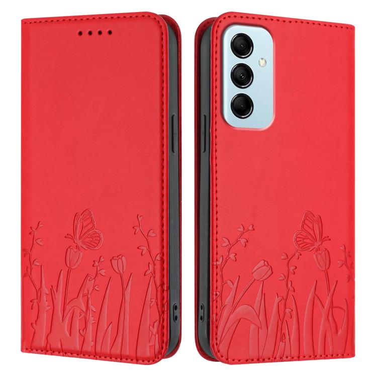 For Samsung Galaxy M14 5G Tulips Butterfly Pattern Magnetic Vegan Leather Phone Case