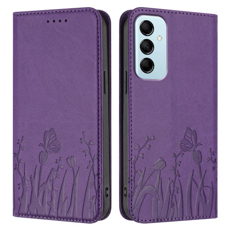 For Samsung Galaxy M14 5G Tulips Butterfly Pattern Magnetic Vegan Leather Phone Case