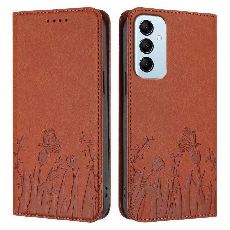 For Samsung Galaxy M14 5G Tulips Butterfly Pattern Magnetic Vegan Leather Phone Case