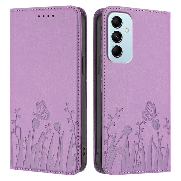 For Samsung Galaxy M14 5G Tulips Butterfly Pattern Magnetic Vegan Leather Phone Case