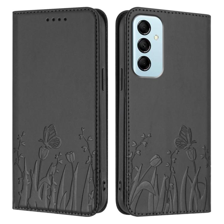 For Samsung Galaxy M14 5G Tulips Butterfly Pattern Magnetic Vegan Leather Phone Case