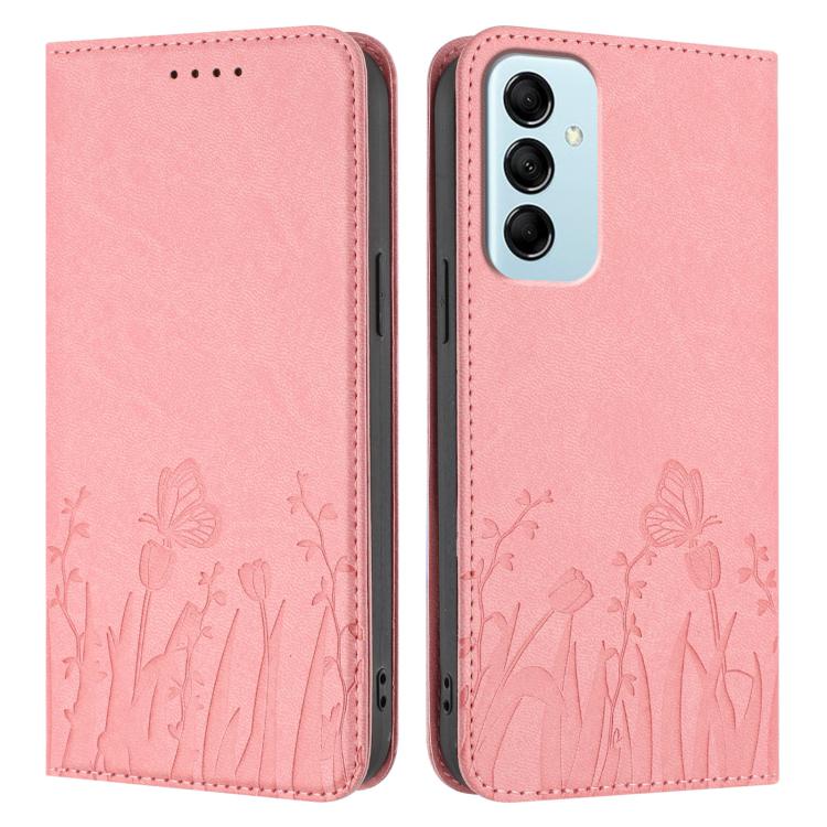 For Samsung Galaxy M14 5G Tulips Butterfly Pattern Magnetic Vegan Leather Phone Case