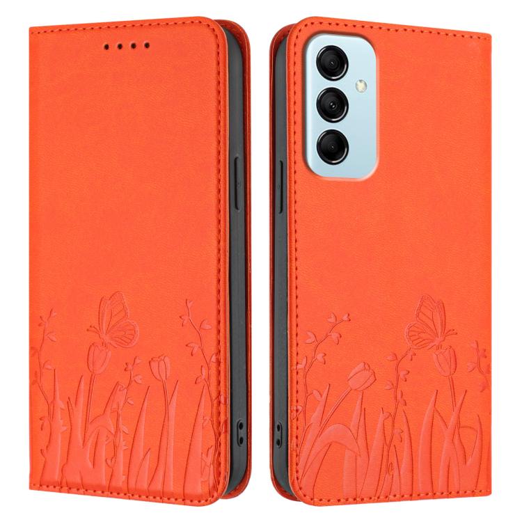 For Samsung Galaxy M14 5G Tulips Butterfly Pattern Magnetic Vegan Leather Phone Case