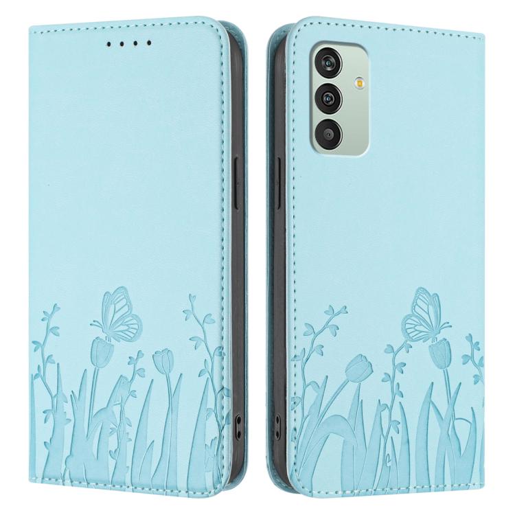 For Samsung Galaxy M13 India Tulips Butterfly Pattern Magnetic Vegan Leather Phone Case