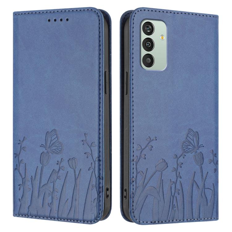 For Samsung Galaxy M13 India Tulips Butterfly Pattern Magnetic Vegan Leather Phone Case