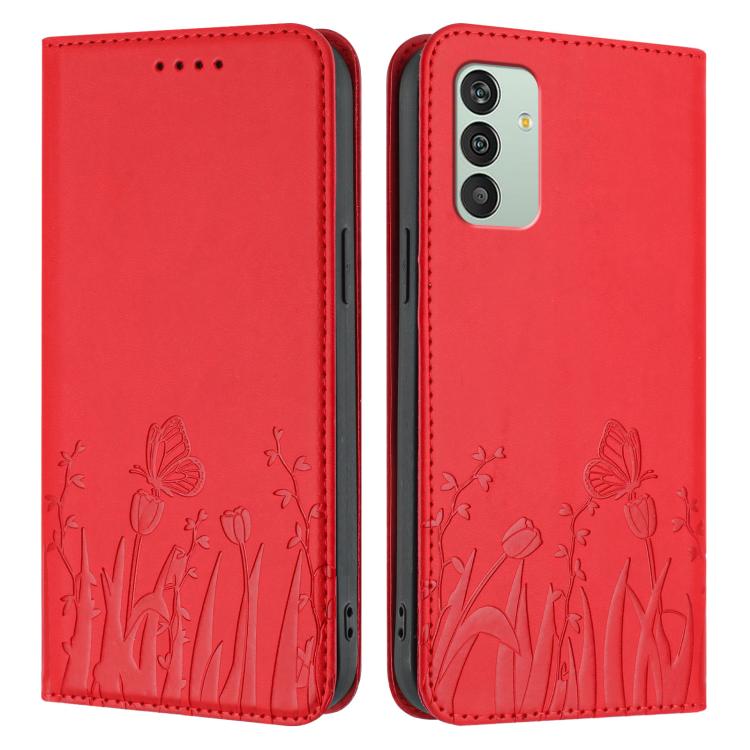 For Samsung Galaxy M13 India Tulips Butterfly Pattern Magnetic Vegan Leather Phone Case