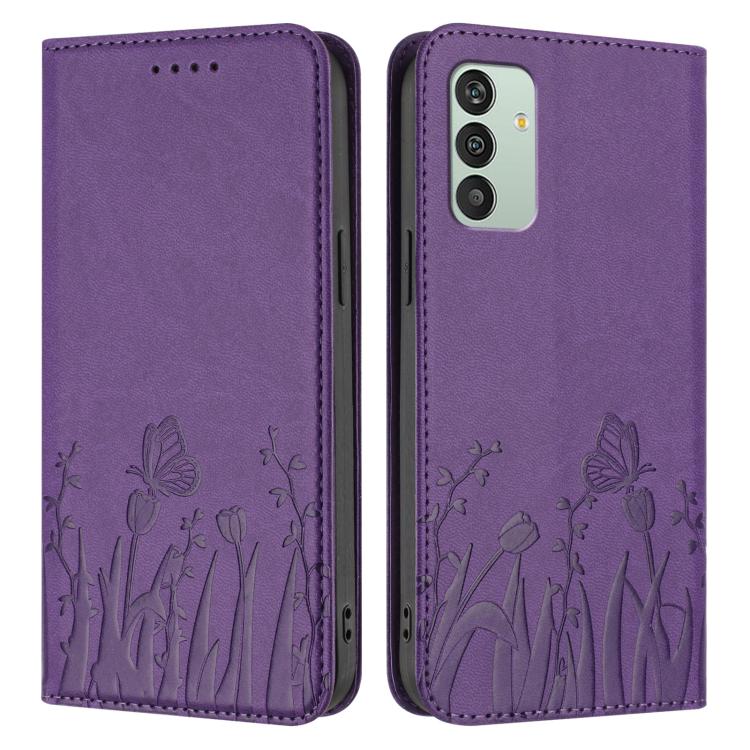 For Samsung Galaxy M13 India Tulips Butterfly Pattern Magnetic Vegan Leather Phone Case