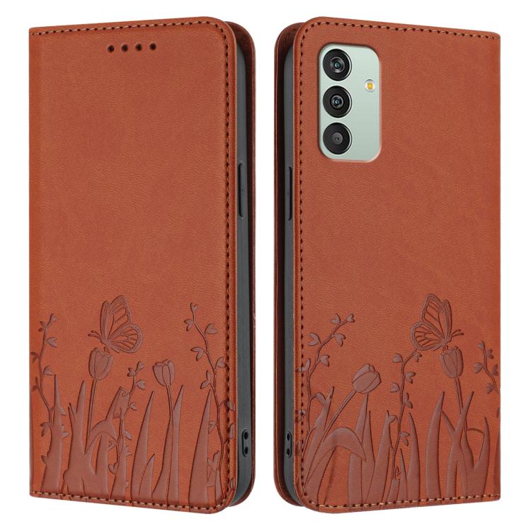 For Samsung Galaxy M13 India Tulips Butterfly Pattern Magnetic Vegan Leather Phone Case