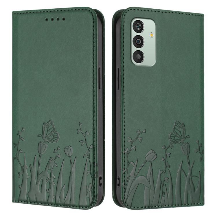 For Samsung Galaxy M13 India Tulips Butterfly Pattern Magnetic Vegan Leather Phone Case