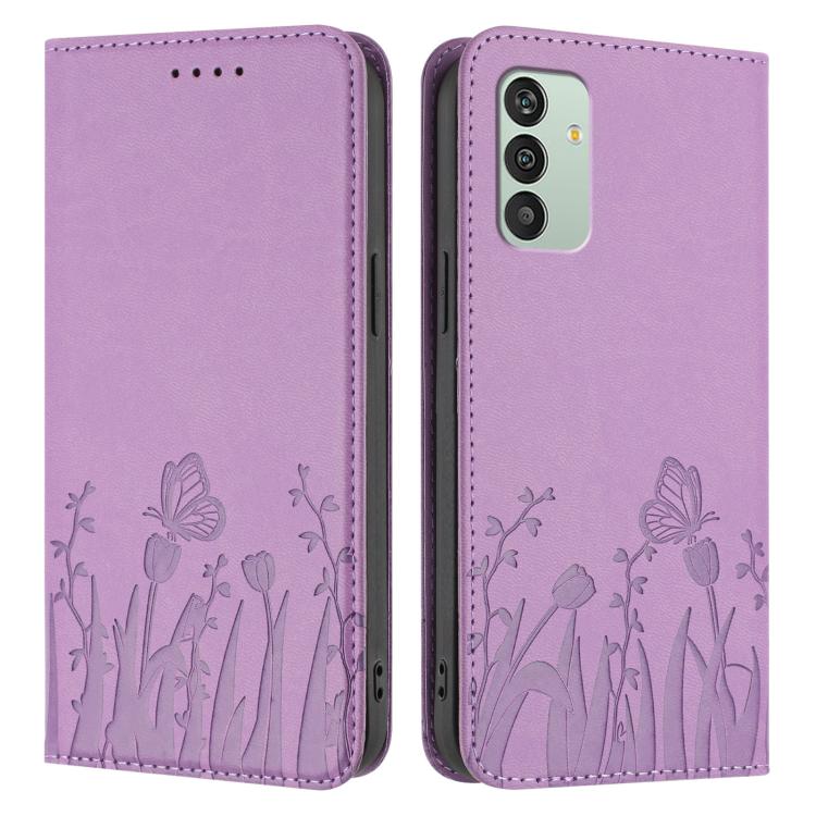 For Samsung Galaxy M13 India Tulips Butterfly Pattern Magnetic Vegan Leather Phone Case