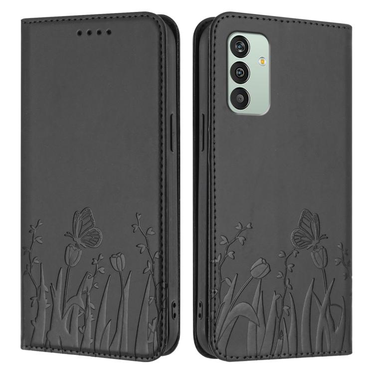 For Samsung Galaxy M13 India Tulips Butterfly Pattern Magnetic Vegan Leather Phone Case