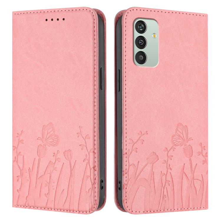For Samsung Galaxy M13 India Tulips Butterfly Pattern Magnetic Vegan Leather Phone Case