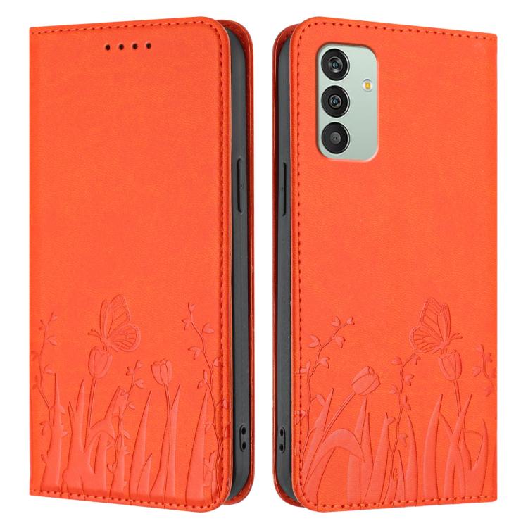 For Samsung Galaxy M13 India Tulips Butterfly Pattern Magnetic Vegan Leather Phone Case