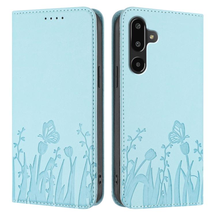 For Samsung Galaxy F16 5G Tulips Butterfly Pattern Magnetic Vegan Leather Phone Case