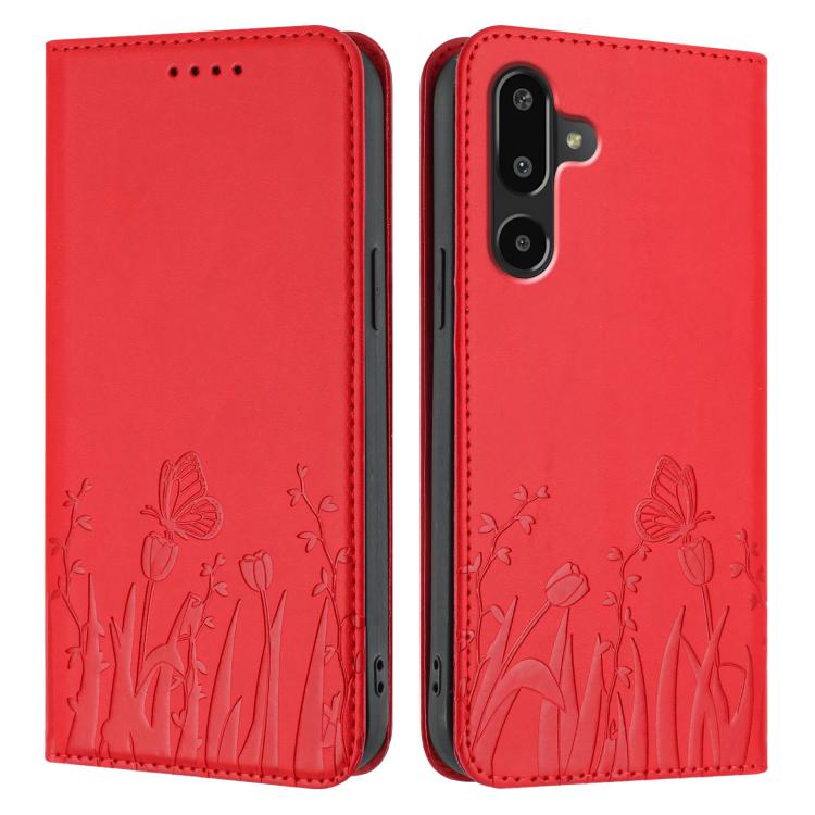 For Samsung Galaxy F16 5G Tulips Butterfly Pattern Magnetic Vegan Leather Phone Case
