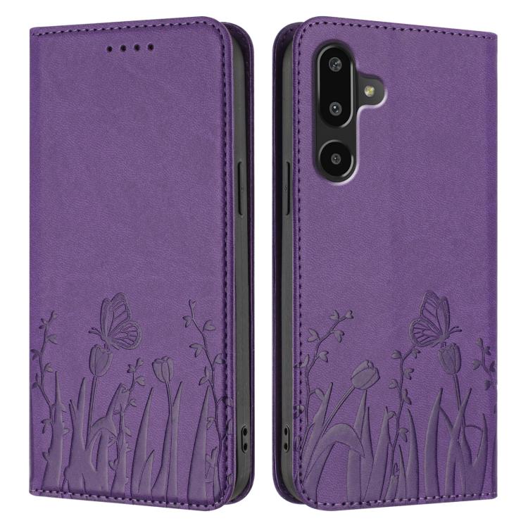 For Samsung Galaxy F16 5G Tulips Butterfly Pattern Magnetic Vegan Leather Phone Case