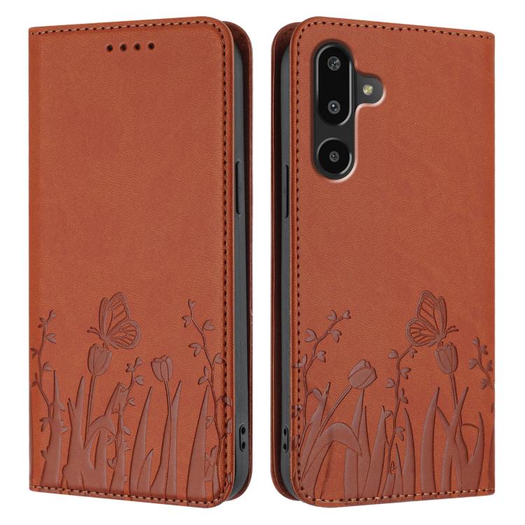 For Samsung Galaxy F16 5G Tulips Butterfly Pattern Magnetic Vegan Leather Phone Case